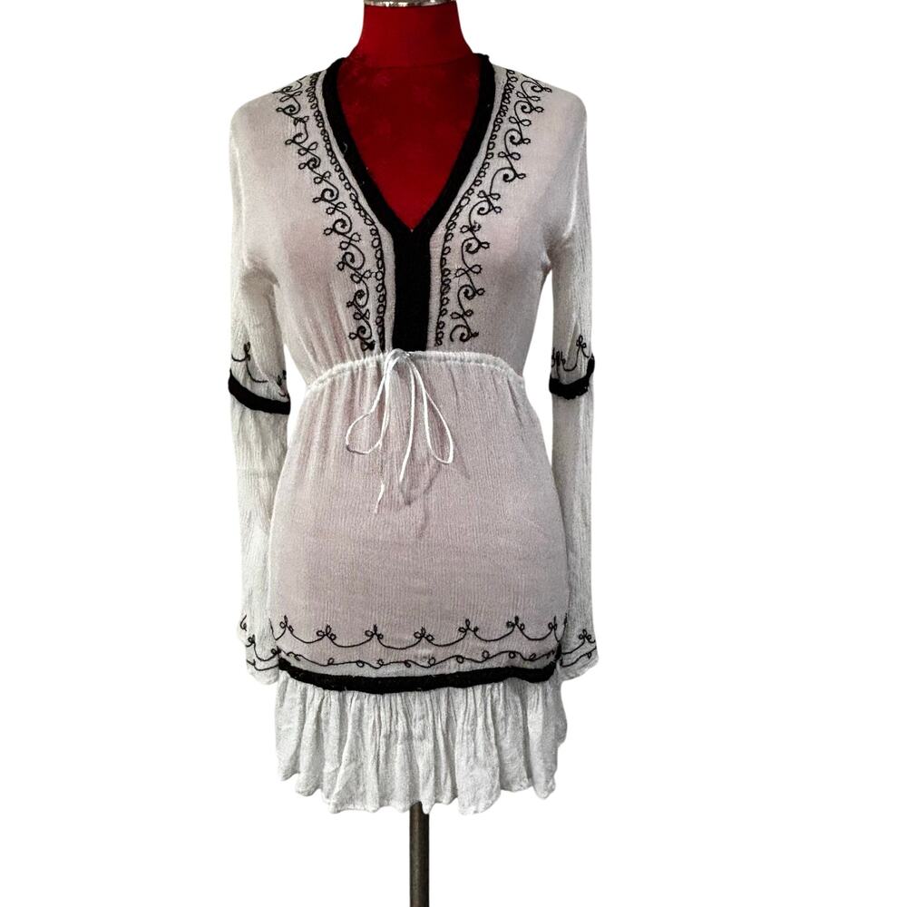 Water Water Water Everywear white tunic mini dress black embroidery size S Boho